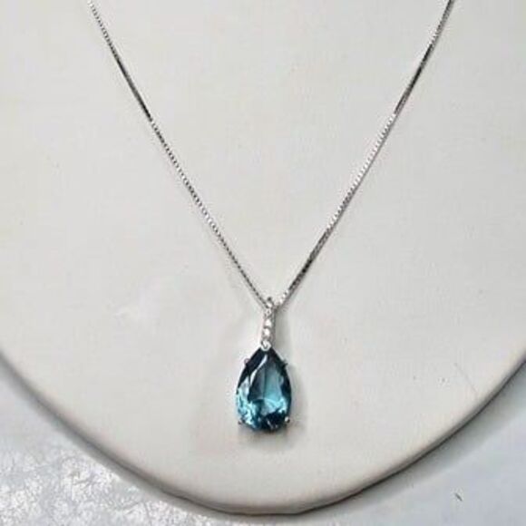 S925 Blue Glass & Pave Rhinestone Teardrop Pendant on 925 Stamped Necklace 18"L - Picture 2 of 7